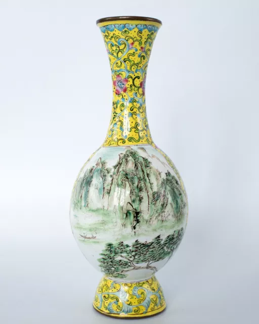 Fine Vintage Chinese Canton Enamel Vase With Landscapes 20th Century