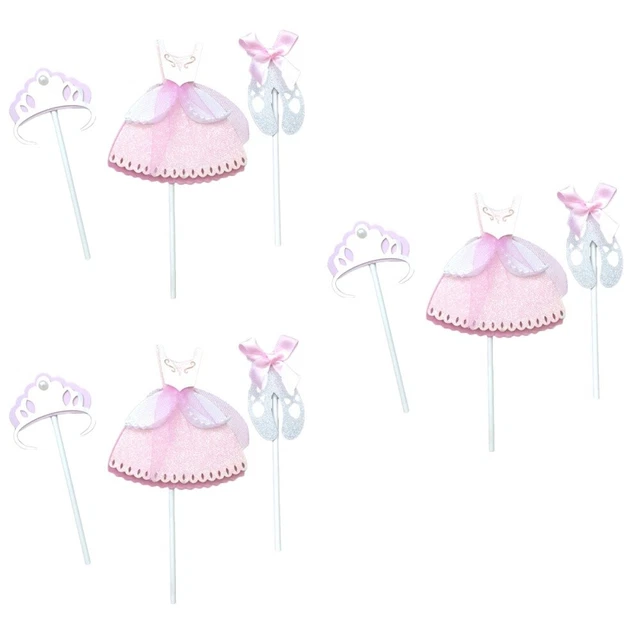 3 piezas Corona Vestido Zapatos Set Patrón Pastel Topper Papel Cupcake Decor
