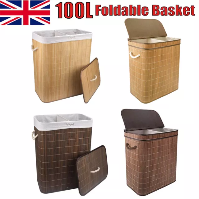 Laundry Hamper with Lid 100L Folding Bamboo Laundry Basket with Removable Liner