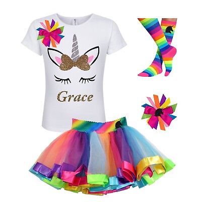 Personalized Unicorn Shirt Girls Birthday Party Dress Rainbow Tutu Outfit Kids