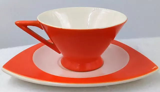 Salem Streamline Tricorne Cup and Saucer White Orange Vintage USA MCM Art Deco