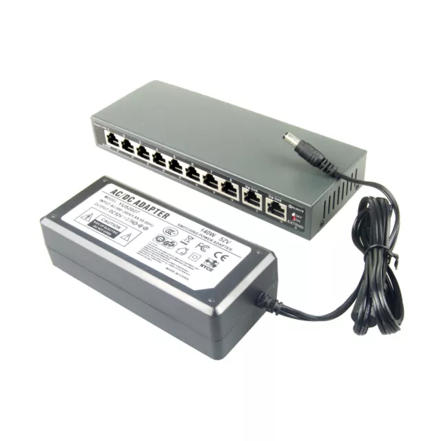 DSLRKIT 250M 10 Ports 8 PoE Switch Injector Power Over Ethernet 52V 120W max140W