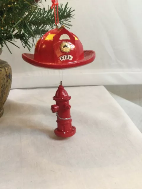 Firefighter Hat with Fire Hydrant Christmas Ornament red