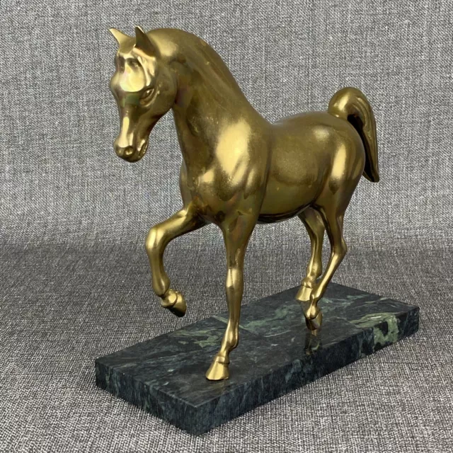 Solid Heavy Brass Standing Horse On Marble Base Equestrian Figurine - 9" tall 2
