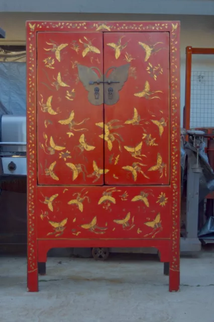 Antique Chinese Wedding Wardrobe Cabinet Armoire Butterfly Motif
