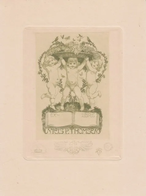 Exlibris Bookplate Radierung Alfred Soder Putti Buch Blumen Schale