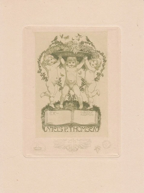 Exlibris Bookplate Radierung Alfred Soder Putti Buch Blumen Schale