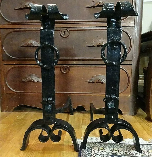 Vintage Hand Forged Wrought Iron Andirons Fiddlehead or Scroll Tops Rings Peened