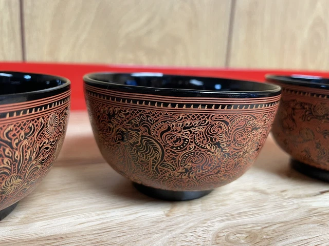 SET OF 3 Burmese Lacquer Bowls Cups Hand Painted Lacquerware Asian Myanmar 3