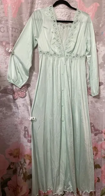 Vintage SHADOWLINE Long Nightgown Peignoir Robe MEDIUM Nylon Lace Mint Green USA