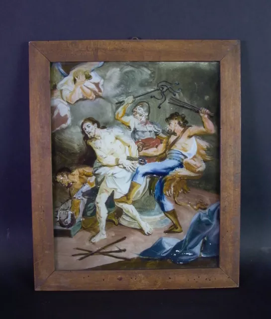 antikes Gemälde /Hinterglasbild - Augsburg oder Murnau 18 Jh - Geiselung Jesu