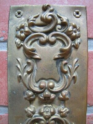 Antique Door Push Plate Ornate high relief Flowers Vines Scrollwork thin Brass 2