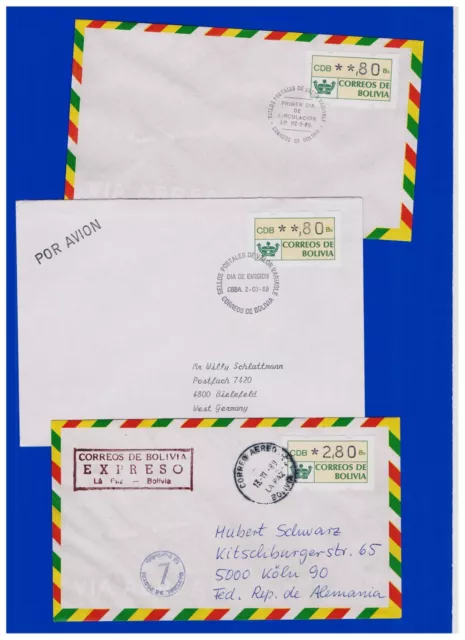 3 verschiedene Briefe ATM BOLIVIEN Erstausgabe Typ Klüssendorf FDCs/Express