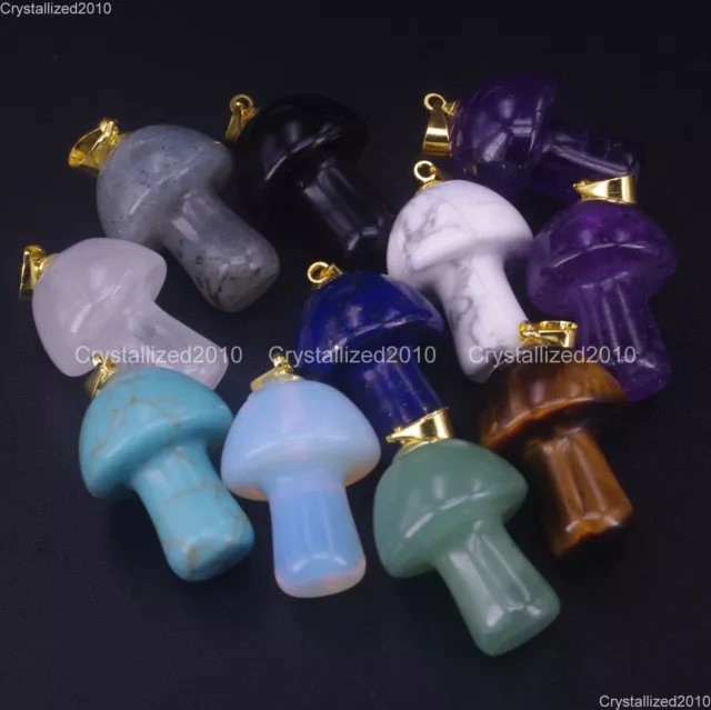 Natural Gemstones Mushroom Reiki Chakra Healing Pendant Necklaces Beads Gold 18K