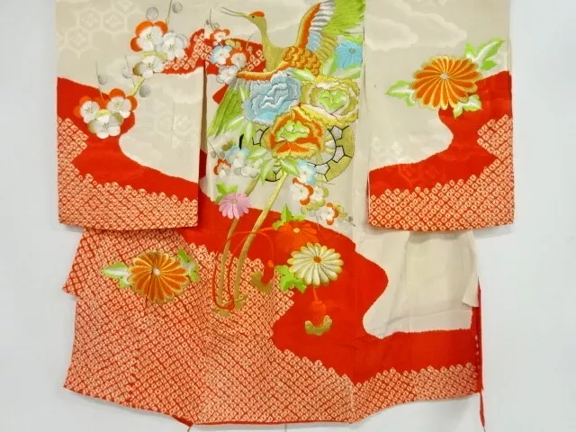 81242# Japanese Kimono / Antique Kimono For Girls / Shibori / Embroidery / Crane