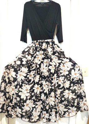 New Kate and Lily Long Maxi DRESS Knit Black Top Flowers Chiffon Skirt sz. 10