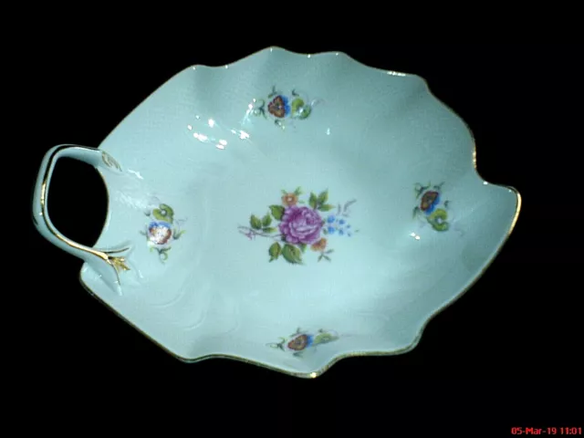 HOLLOHAZA HUNGARY Porcelain Pink Flower Spray Patt Leaf  Dish 8¾ inch c1992