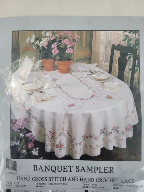 KEECO Hand Cross Stitch & Hand Crochet Lace 68" Round Tablecloth 8 Napkins NEW