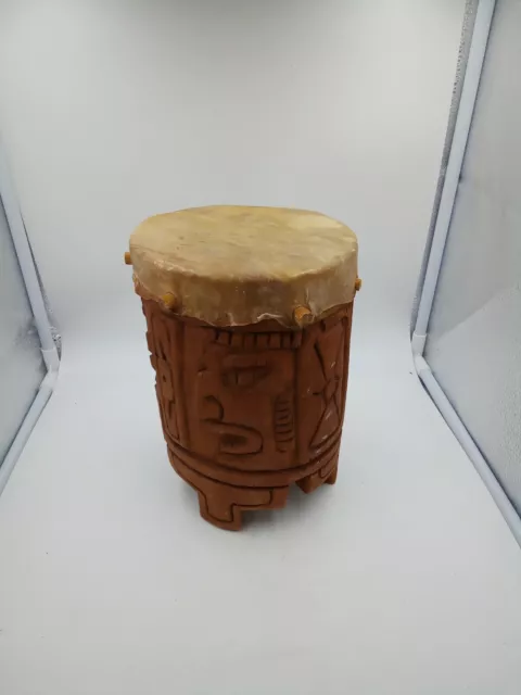 Vintage  Handcrafted Tribal Wooden  Drum 8 1/2" TALL 6" Wide Pre-owned