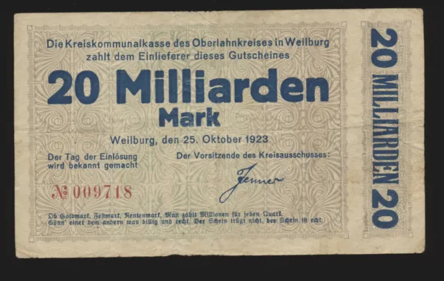 Weilburg   Hessen   20 Milliarden  Mark 25 Oktober 1923  ( 580 H