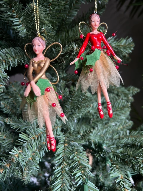 Gisela Graham Christmas Fairy  Resin Tree Decoration Red Gold Holly Berry Dress