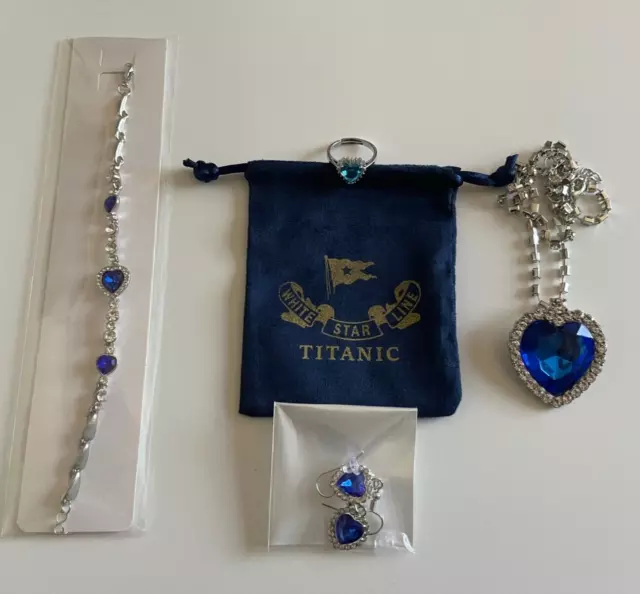Titanic Jewelry Set - Heart of the Ocean Necklace, Bracelet, Earrings, Ring and