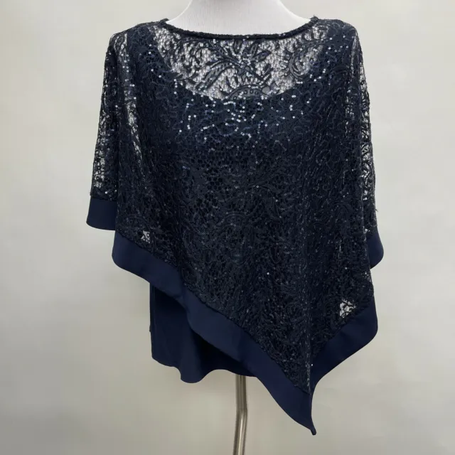 R & M Richards Poncho Top Large Navy Blue Sequins Evening Mother of the Bride