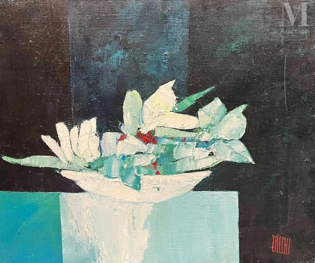 Superbe tableau de Jean-Marie ZACCHI (né en 1944) -coupe avec feuilles et fruits