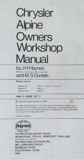 Chrysler Alpine Haynes Workshop Manual 1975-1978 1294cc 1442cc PreLoved #337 3