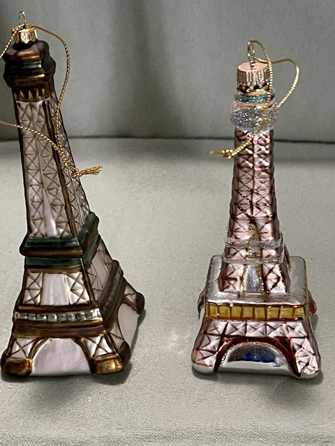 Two Eiffel Tower Paris France Blown Glass Christmas Tree Ornaments Brand New
