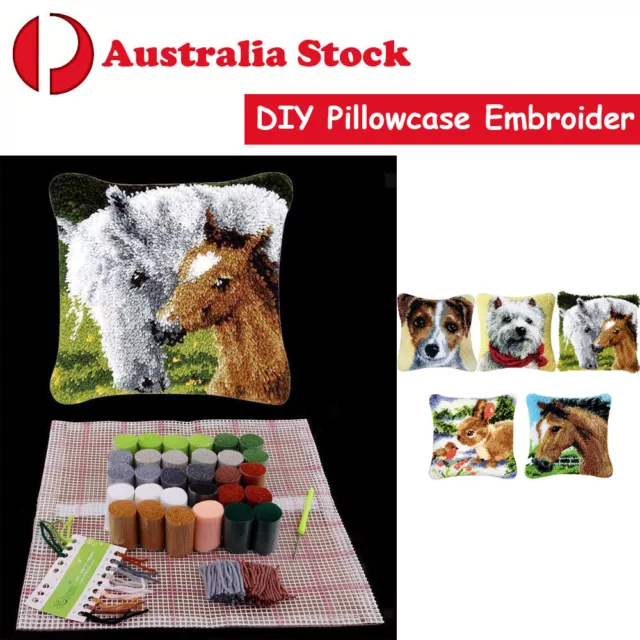 AU DIY Horse Dog Cat Wolf Latch Hook Kit Pillow Cushion Making for Kids Adults