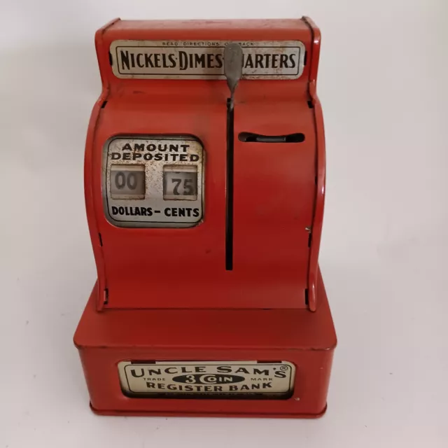 Vintage Red UNCLE SAM'S 3 Coin Register Bank..Works!