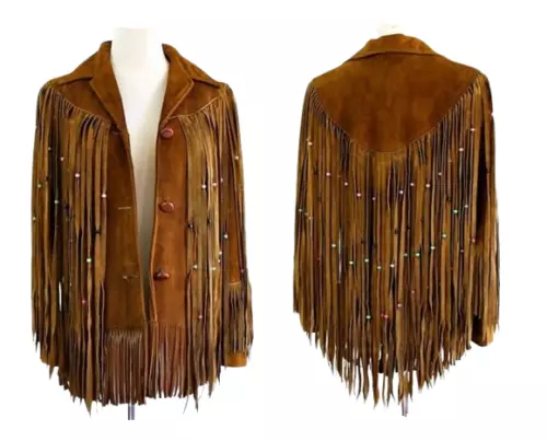 Women's Western Style Suede Leather Coat Handmade Fringe, Beaded Vintage Jacket