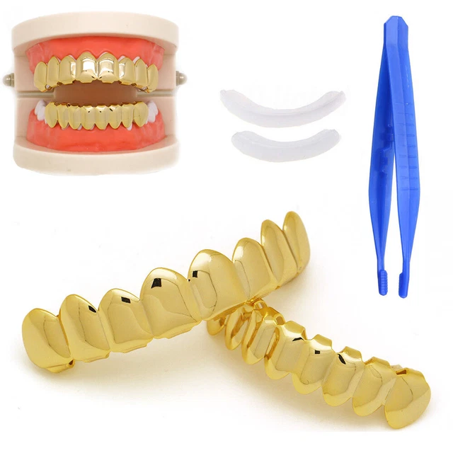 14k Grillz Gold Plated Eight 8 Top Teeth & Bottom Tooth Hip Hop Teeth Grills Set