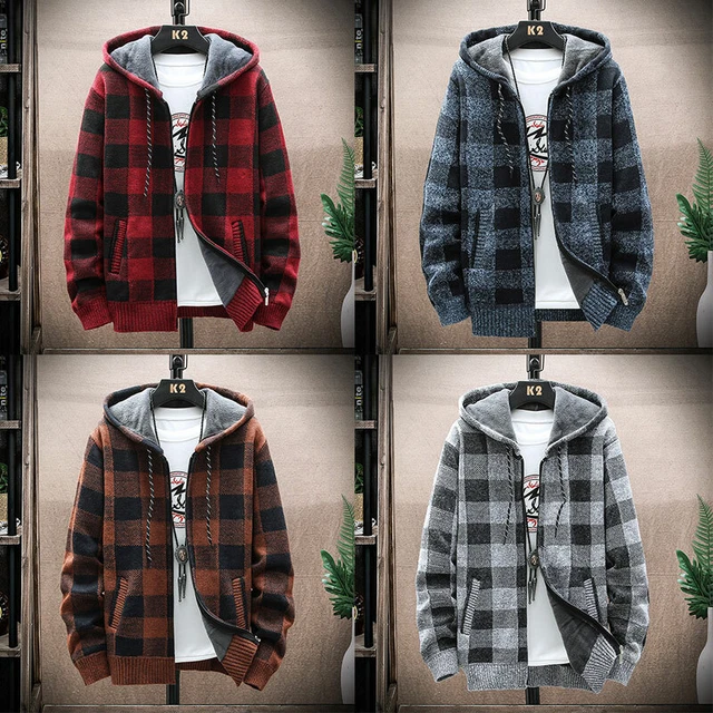 Mens Plaid Thicken Warm Fleece Lined Hoodie Zip Coat Winter Jacket Sweatshirts 3