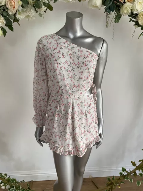 Influence Playsuit Size 8 White Floral Chiffon One Shoulder Playsuit New LC90