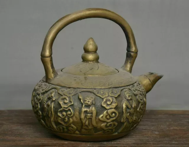 4" Marked Old Chinese Copper Brass Dynasty Man People Portable Teapot Teakettle