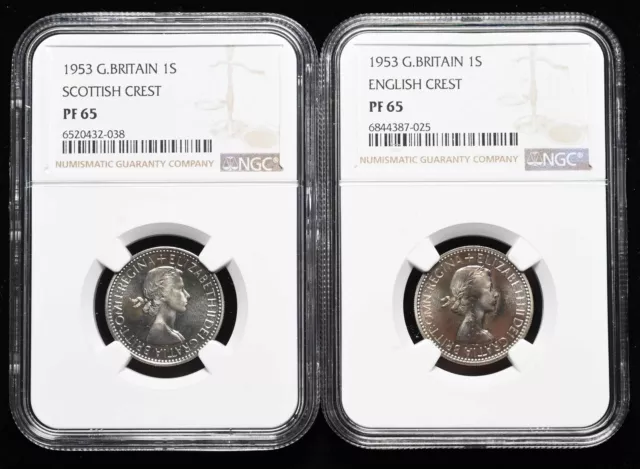 GREAT BRITAIN 1953 Elizabeth II Coronation Proof Shilling, Both types, NGC PF65