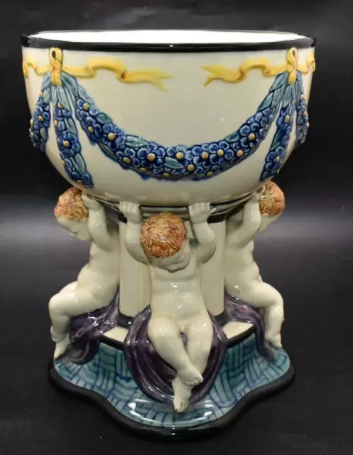 Superb Large Antique German Karlsruhe Majolica Putti Centerpiece Circa 1910