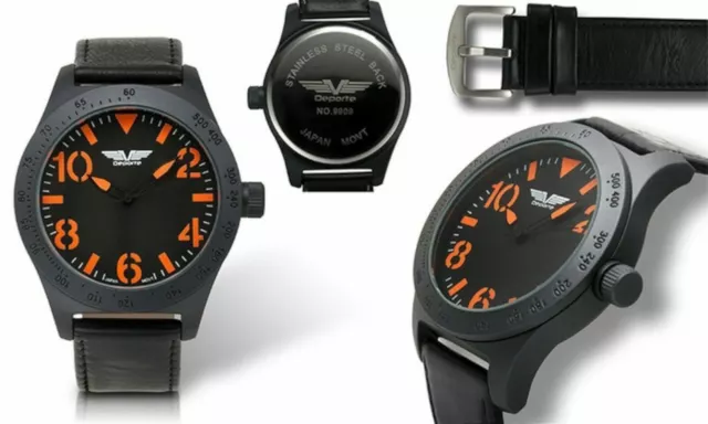 NEW Deporte 9909 Men's MONDELLO Orange Accented Black Dial Black Strap Watch 30m