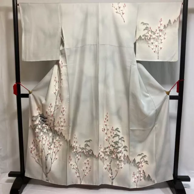 8758# kimono japonés Vintage bata de seda pura tradicional gris 162cm