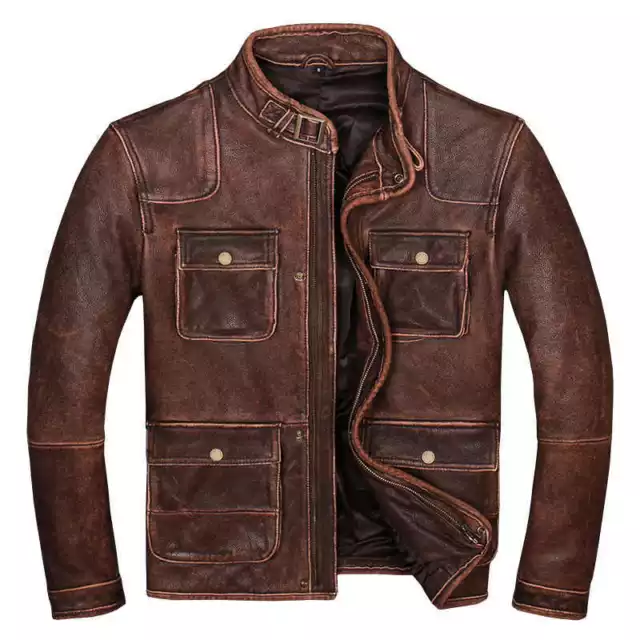 Giacca in pelle di mucca marrone biker cafe racer da uomo vintage moto effetto invecchiato
