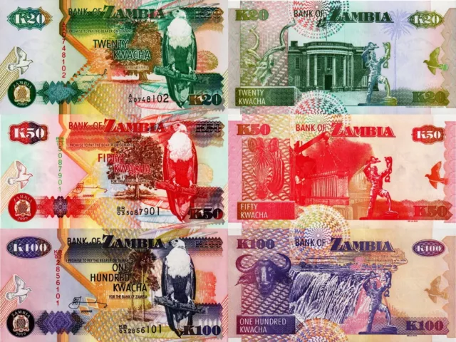 ZAMBIA - Lotto Lot 3 banconote 20/50/100 kwacha FDS - UNC