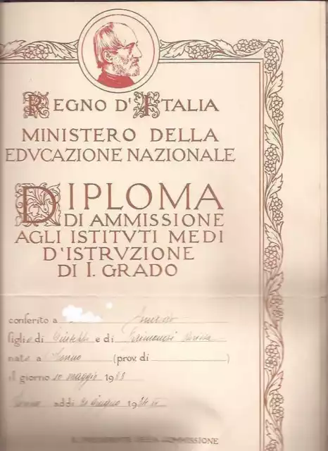 Diploma Liceo Ginnasio Scuola Alfieri Torino Regno Italia 1934 Mazzini Pagella