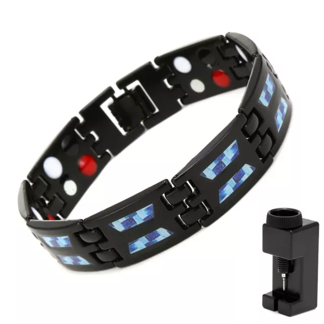 Carbon Blue Titanium Magnetic Therapy Bracelet Unique Double Row Ultra Strength