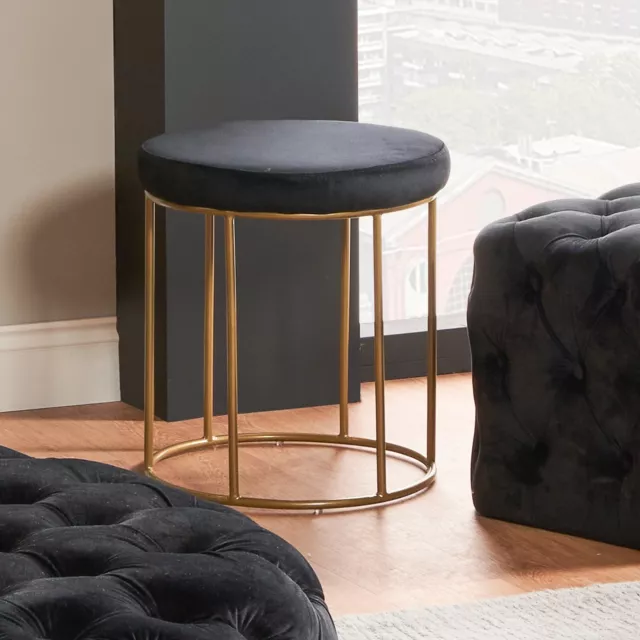 Black Velvet Stool with Gold Metal Frame Round Living Room Footstool Medium Firm