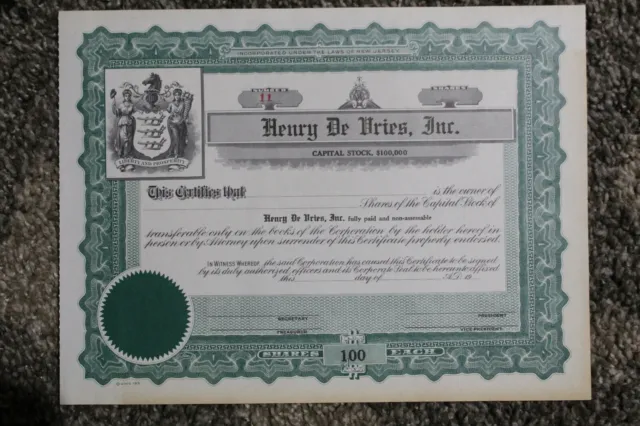 Antique Henry De Vries Inc Capitol Stock Certificate 100 Shares Mint Unissued 12