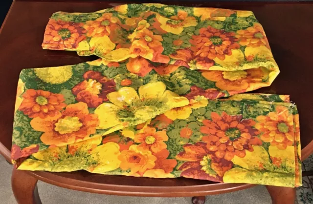 Wow! Mid-Century Huge Floral Retro Orange Avocado Green Gold Drapes Curtains NOS