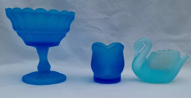 Vintage 3 piece Blue Satin Glass Candle Holders Swan Votive  Kanawha & Paragon
