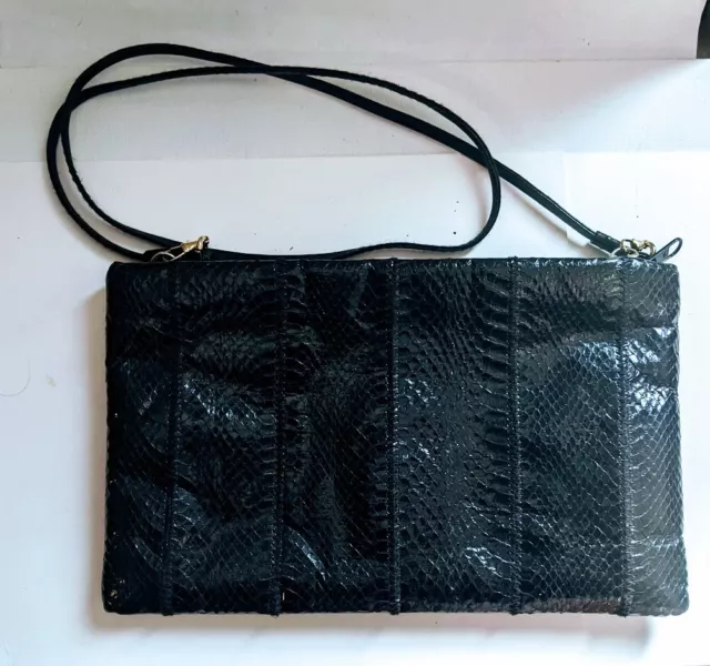 Vintage Clemente Black Snakeskin Crossbody Clutch Purse / Handbag Zipper Closure